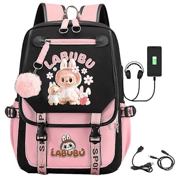 Cartoon Labubu USB-laddningsbar ryggsäck – skolryggsäck för barn och vuxna Cartoon Labubu USB-laddningsbar ryggsäck – skolryggsäck för barn och vuxna